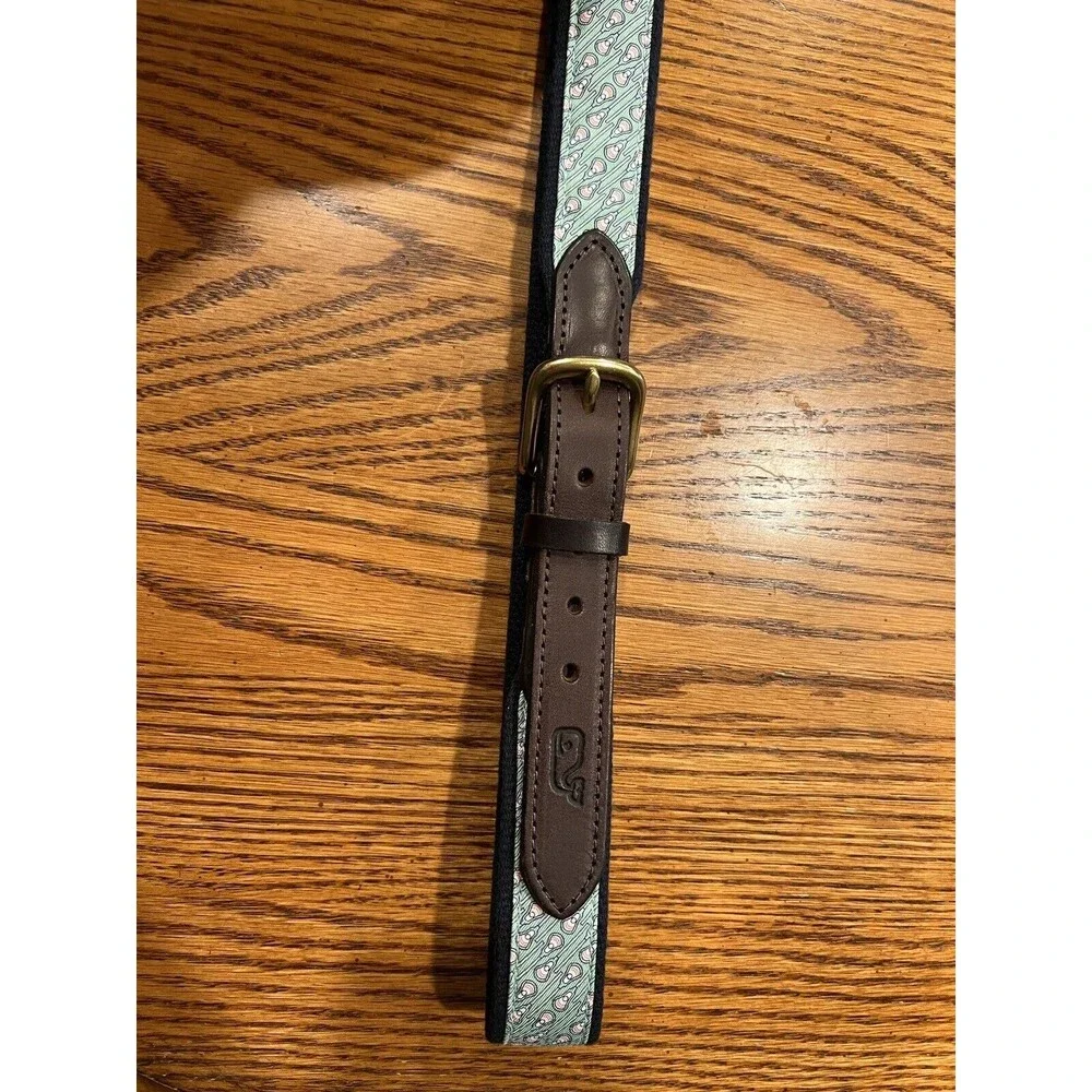 VINEYARD VINES Lacrosse Belt Sz 30 Leather & Canvas Navy Blue Green Ribbon